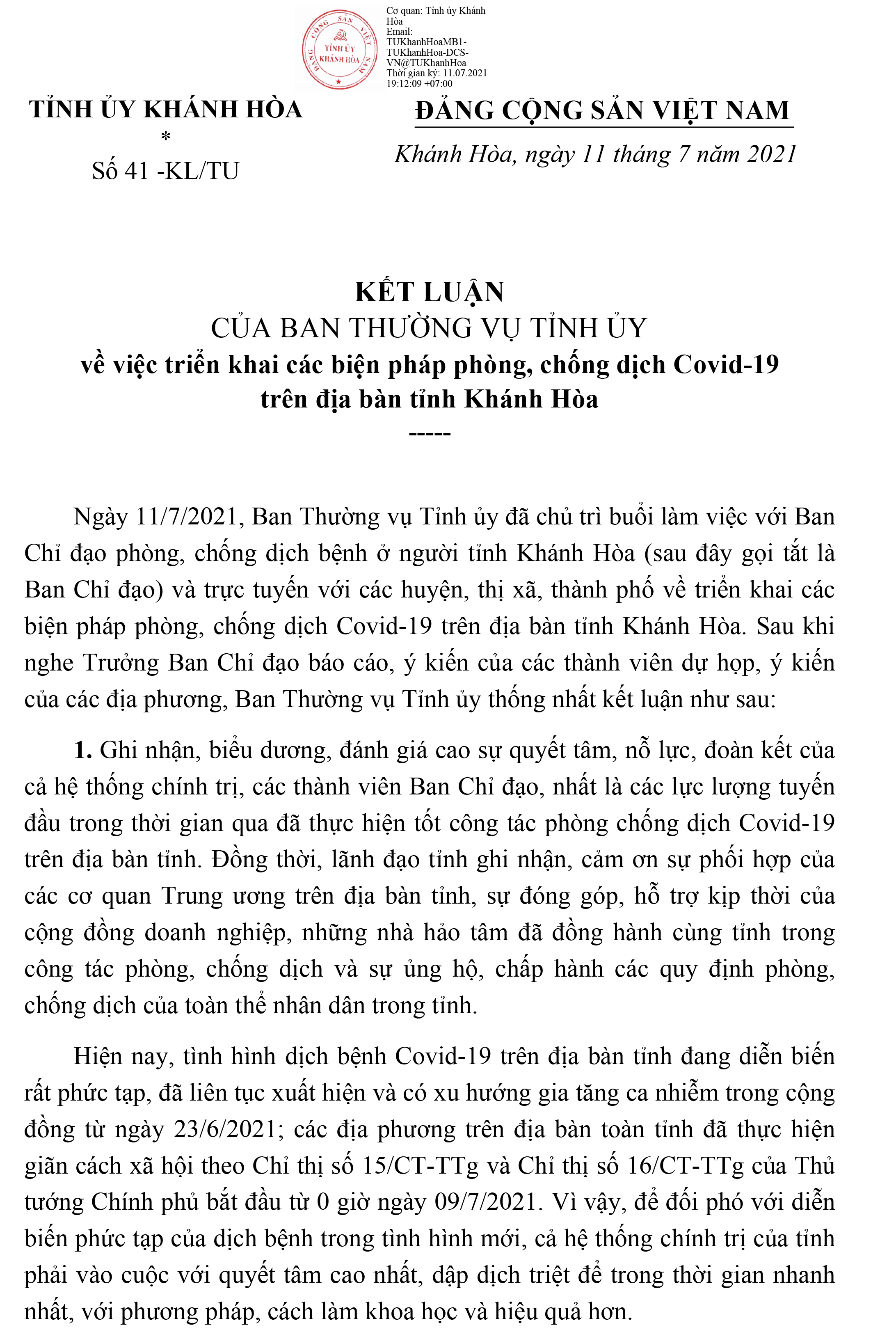 Kết luận của Ban Thường vụ Tỉnh ủy về việc triển khai các biện pháp phòng, chống dịch Covid-19 trên địa bàn tỉnh Khánh Hòa